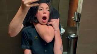 Risky public sex in the toilet. Fucked a McDonald&#039;s worker because of spilled soda! - Eva Soda