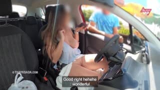 Hotwife and very naughty wife showing off to the seller on the street and letting him play - with en